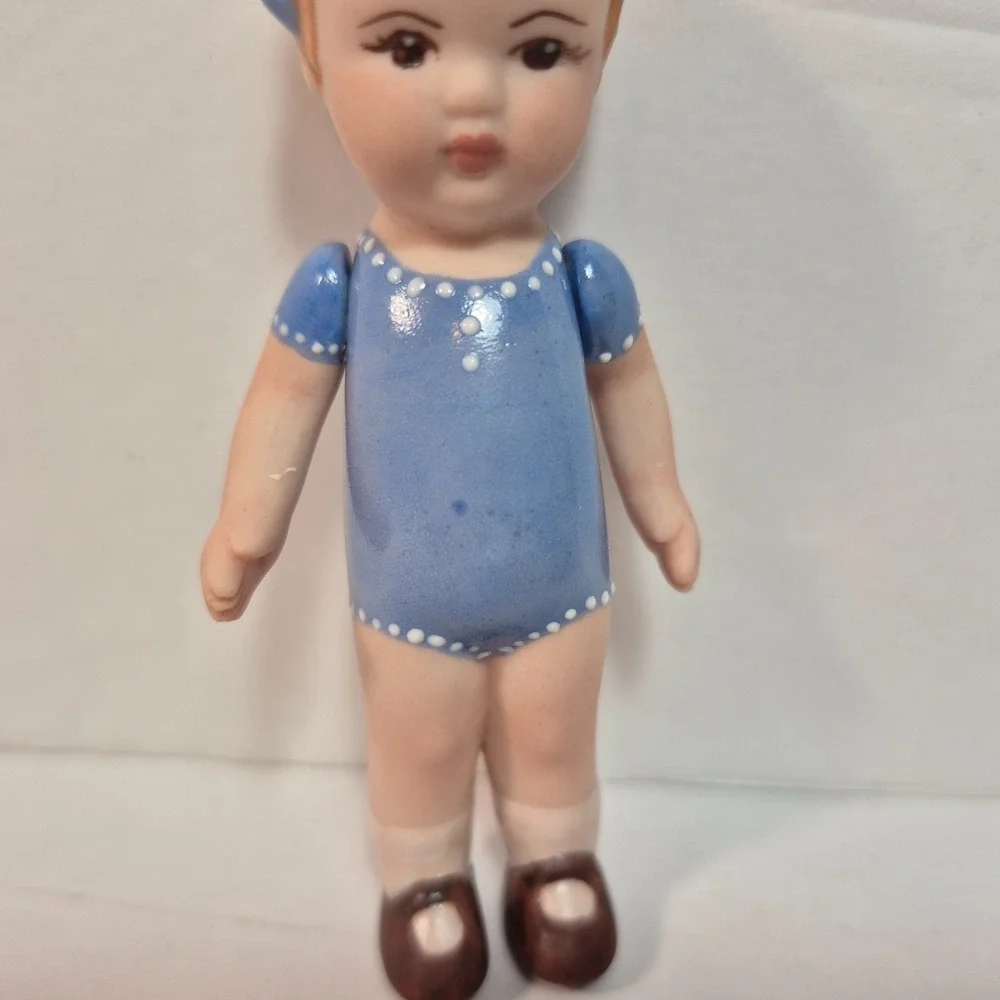 Bisque Doll Jointed Arms Reddish Light Brown Hair Blue Bow/Dress 4.5